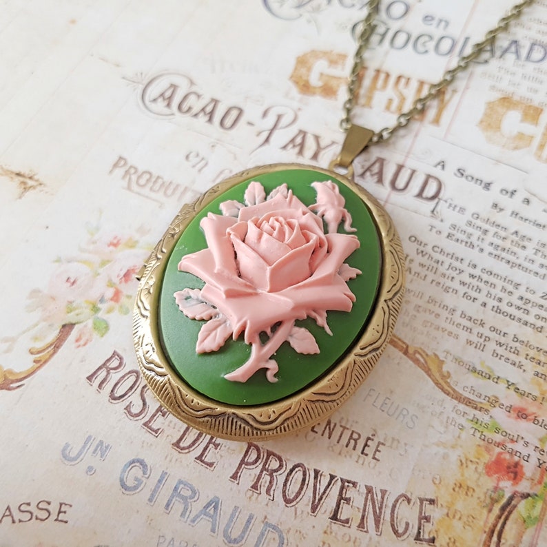 Green and Pink English Rose Locket Flower Locket Rose Cameo Etsy