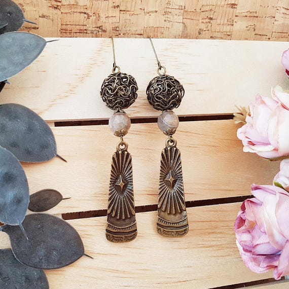 Long Egyptian Style Drop Earrings in Bronze With Agate Beads