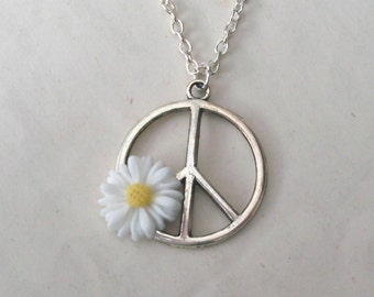 Peace Necklace, Flower Necklace, White Daisy Necklace, Summer of Love, Sterling Silver or Silver Plated Chain