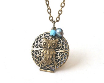 Owl Locket Necklace, Blue Necklace, Filigree Round Locket, Owl Necklace
