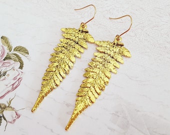 Gold Fern Leaf Earrings, Long Boho Textured Antique Gold Earrings, Leaves, Minimalist, Choose Gold Plated or Surgical Wires