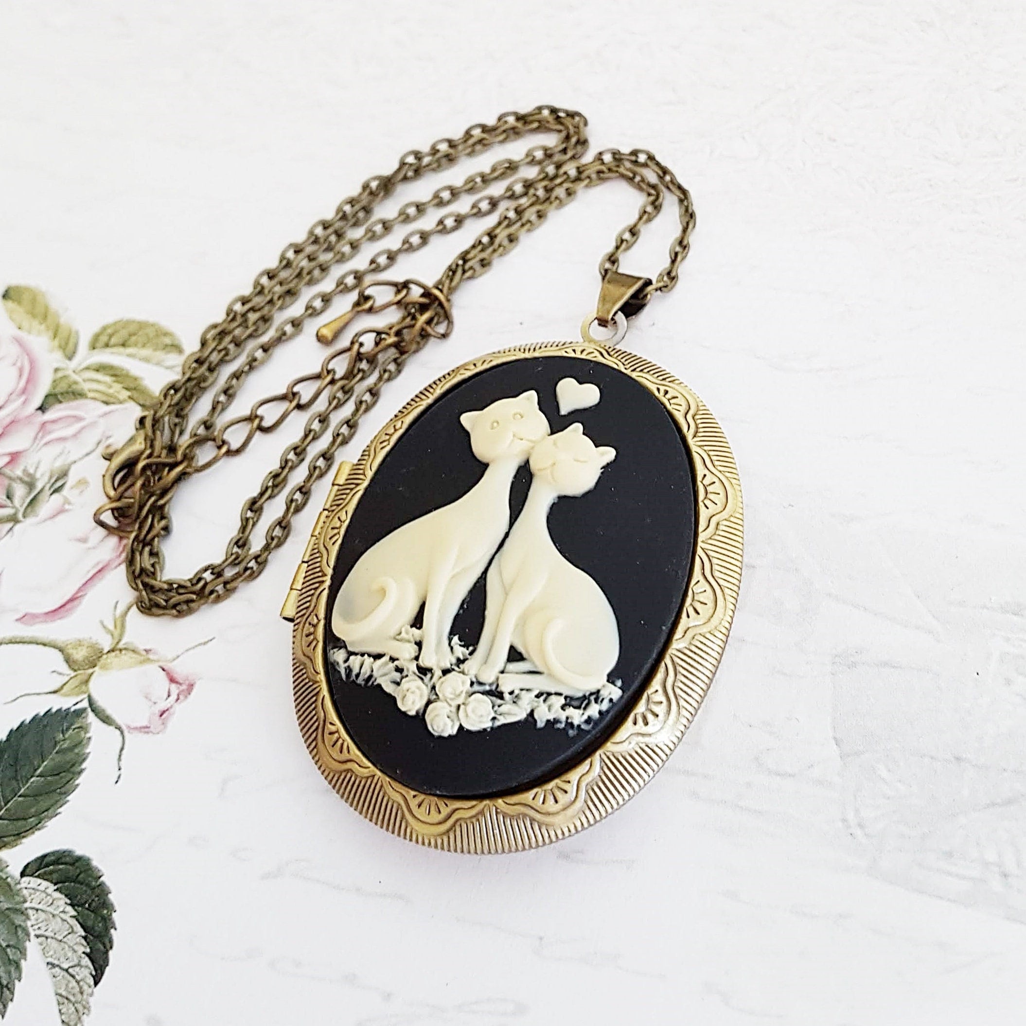 Love Cats Cameo Locket Necklace, Cat Couple with Heart in Black, Cream and Bronze, Choose Your Length