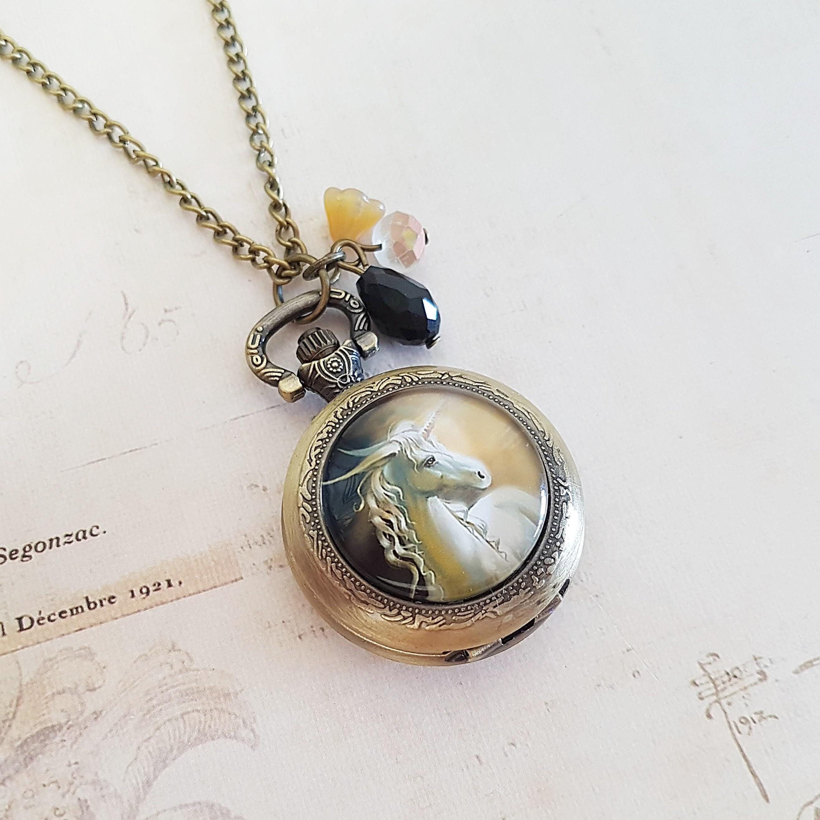 Ethereal Unicorn Pocket Watch Necklace With Vintage Glass  display picture 1