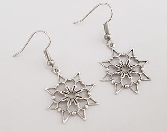 Antique Silver Star Flower Earrings, Drop Earrings, Silver Earrings, Filigree Earrings, Sterling, Plated or Surgical Hooks or Studs