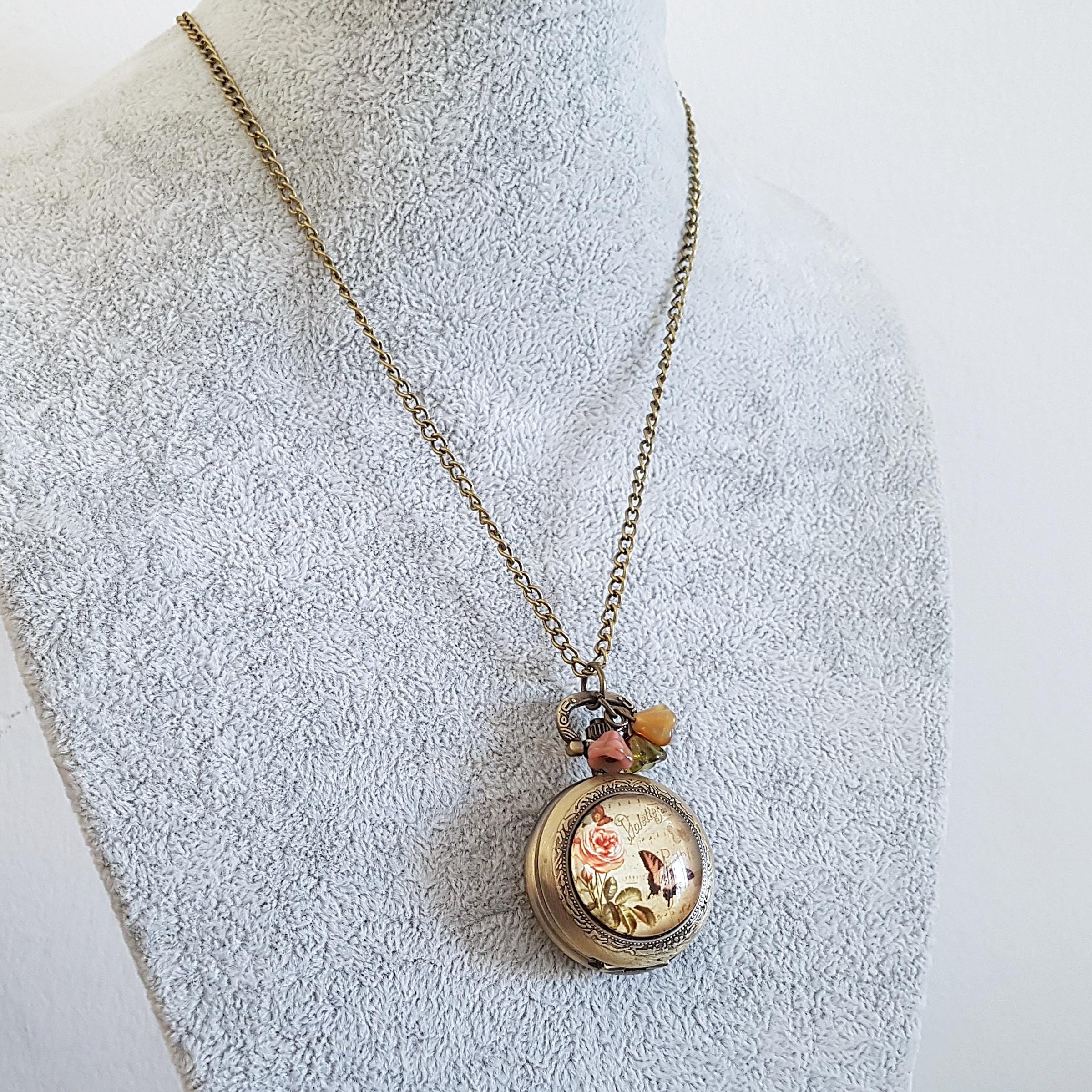 Butterfly Pocket Watch Necklace With Vintage Glass Flowers  display picture 2