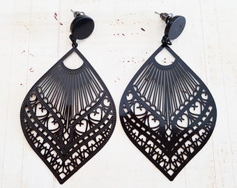 Big Black Filigree Teardrop Earrings, Statement Boho Laser Cut Drop Earrings, Black Studs, Black or Surgical Hooks