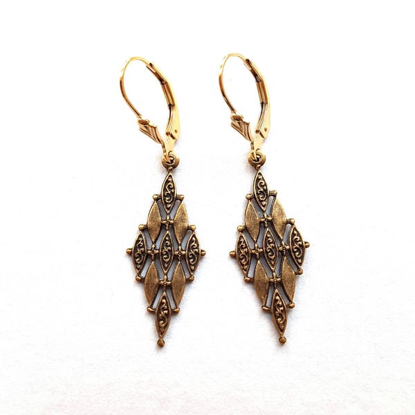 Antique Gold Art Deco Earrings, Geometric Textured Drop Earrings, Deco Wedding, Gold Filled, Surgical or Plated Levers, Hooks, Studs, Clips