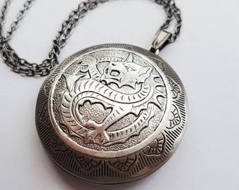 Dragon Locket Necklace, Gunmetal Dragon Necklace, Big Dragon, Big Locket, English, St George, Mythology, Welsh Dragon, Mythology, Legend