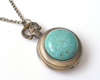 Turquoise Pocket Watch Necklace, Turquoise Necklace, Antique Bronze Watch Necklace, Turquoise Cabochon, Fully Working Battery Included
