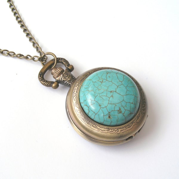 Turquoise Pocket Watch Necklace, Turquoise Necklace, Antique Bronze Watch Necklace, Turquoise Cabochon, Fully Working Battery Included