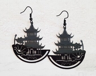 Black Filigree Pagoda Earrings, Japanese Lotus Flowers, Boho Laser Cut Drop Earrings, Choose Black or Surgical Hooks