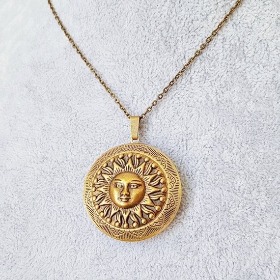 Big Antique Gold Sun Face Locket Large Round Celestial Locket