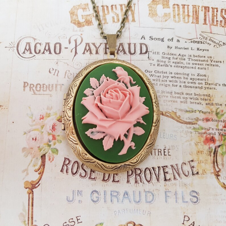 Green and Pink English Rose Locket Flower Locket Rose Cameo Etsy