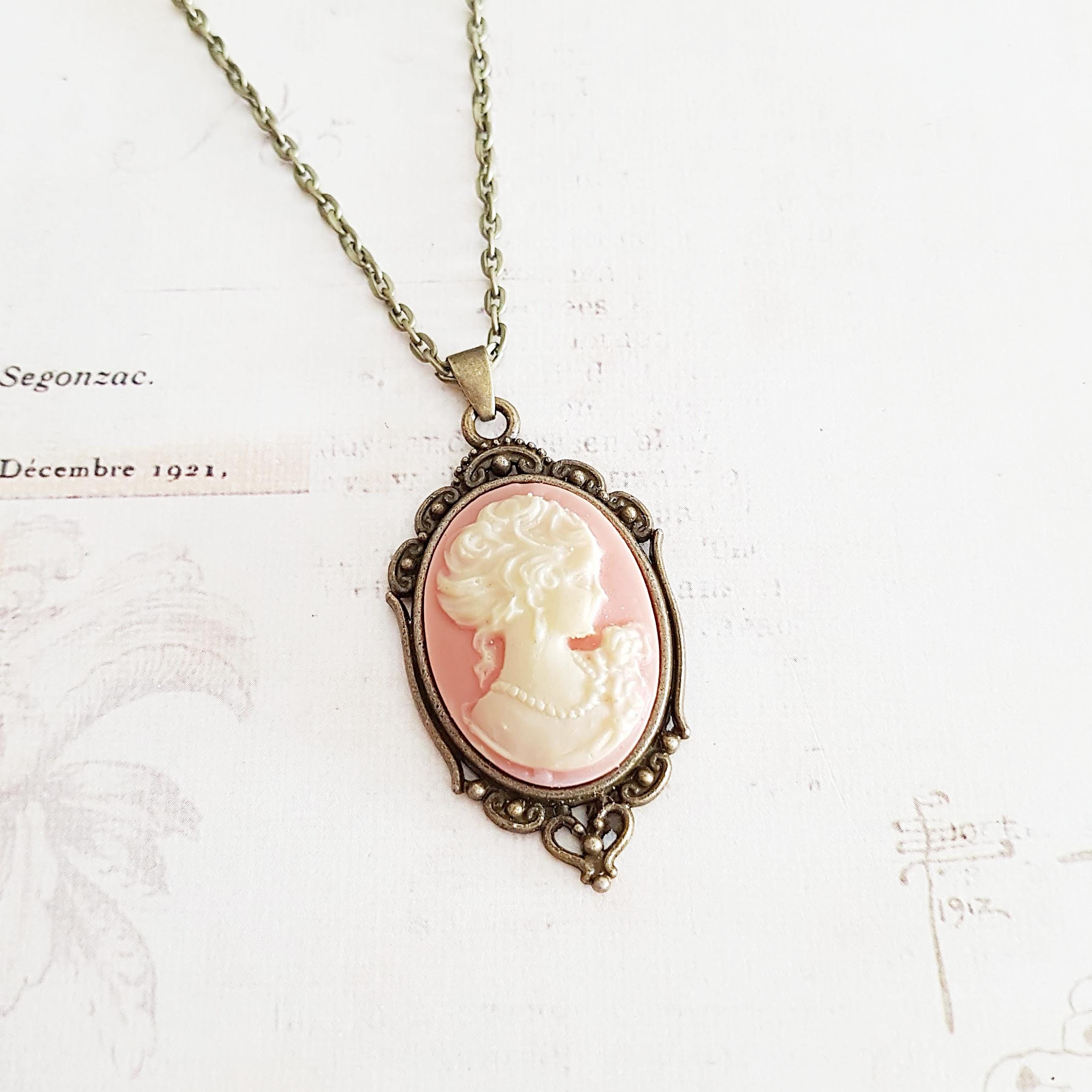 Classical Lady Pink Cameo Necklace in Ornate Antique Bronze, Choose Your Length