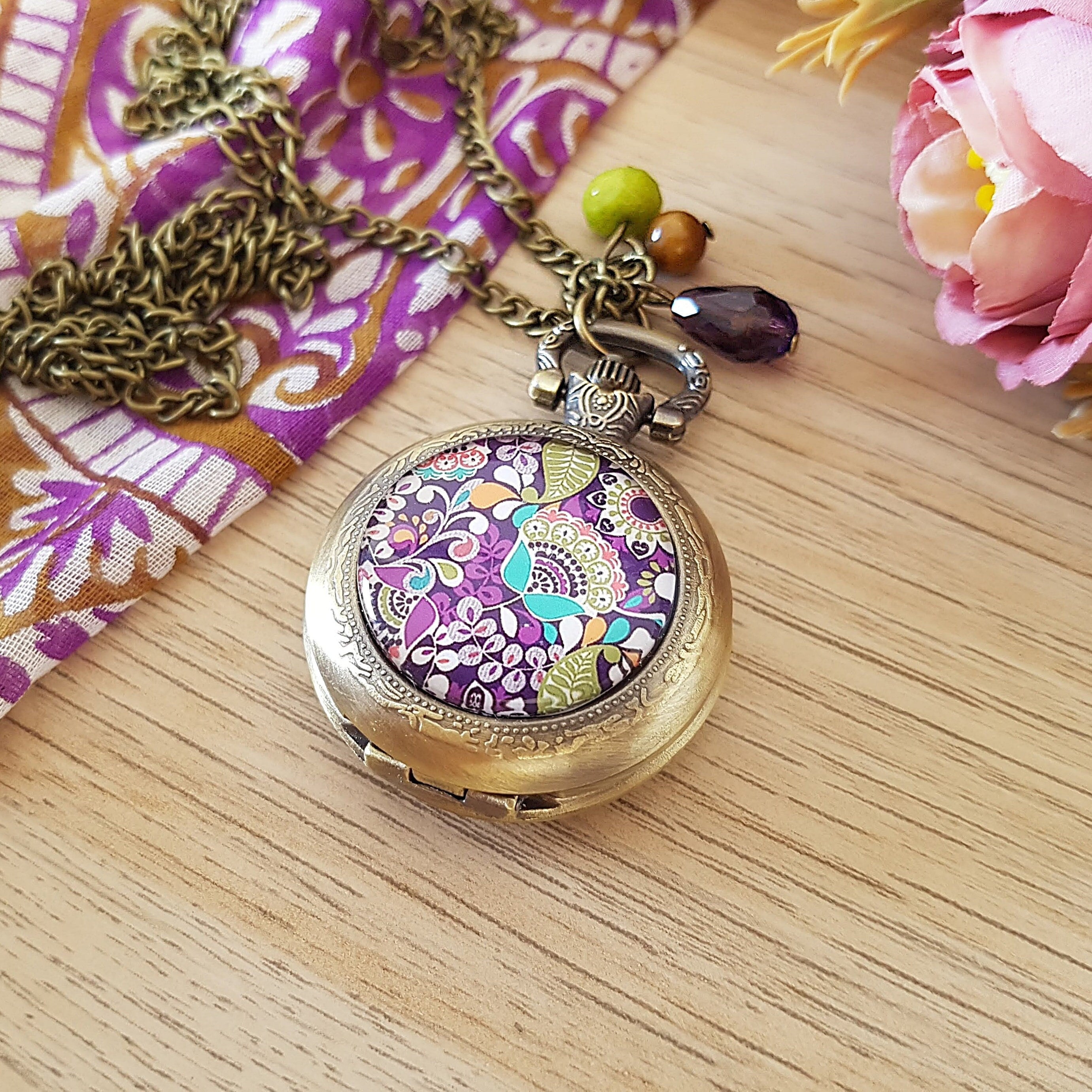 Groovy Purple Flower Pocket Watch Necklace with Vintage Glass Beads, Bronze or Silver, Choose Your Length