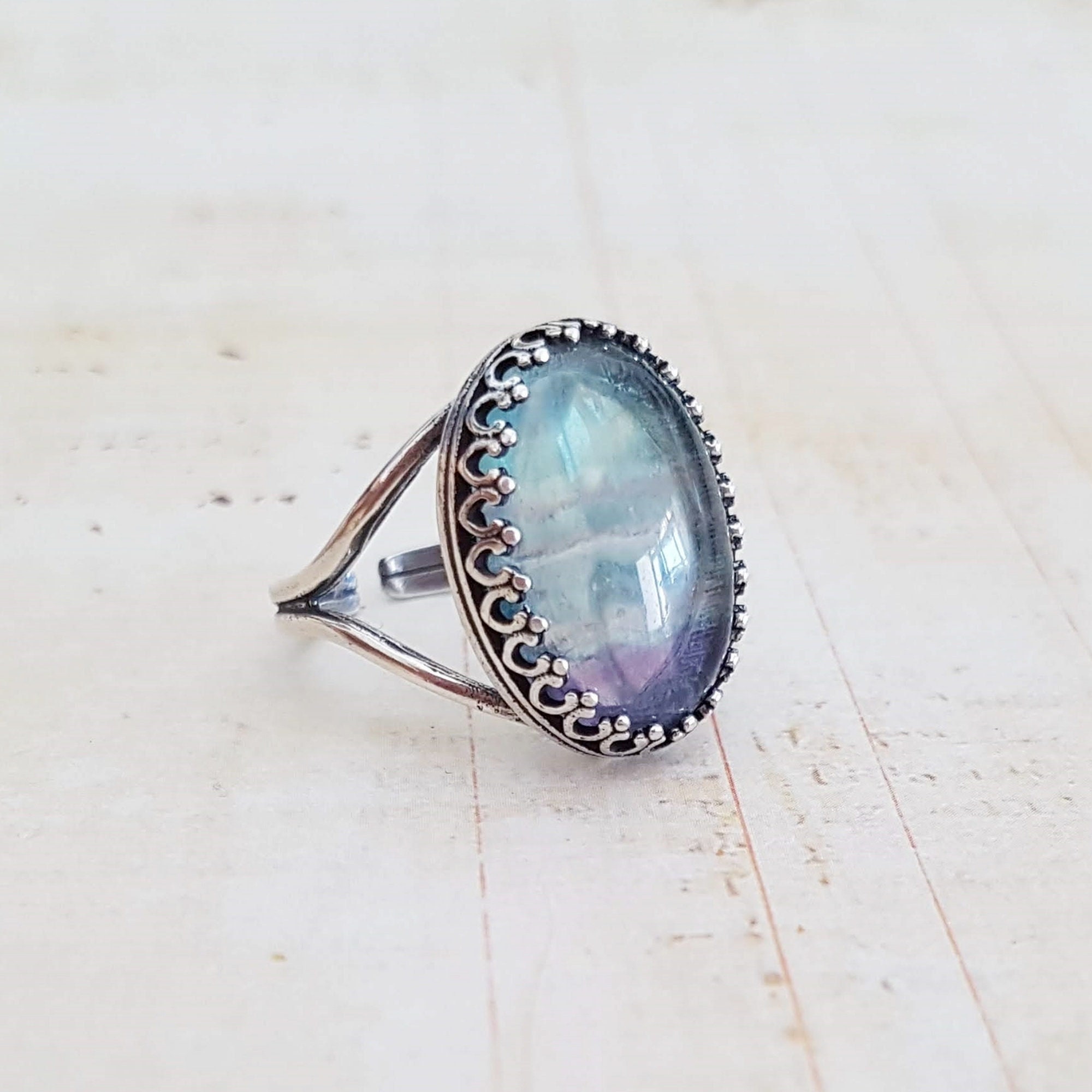 Sterling Silver Fluorite Ring, Vintage Style, Fluorite Cabochon in Purples or Greens, Adjustable Ring, or Choose Gold, Rose Gold, Bronze