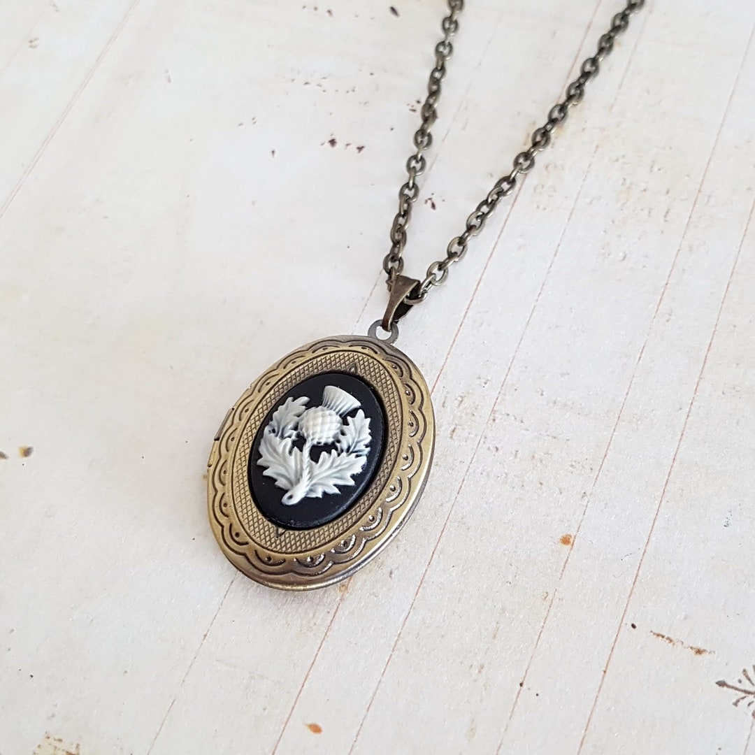 Scottish Thistle Locket Necklace in Bronze, Vintage Style Thistle Cameo
