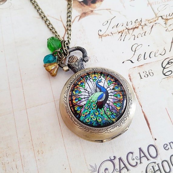 Peacock Pocket Watch Necklace in Antique Bronze With Vintage Glass Beads Stained Glass Nouveau Style Bird Fully Working Battery Included Etsy Canada