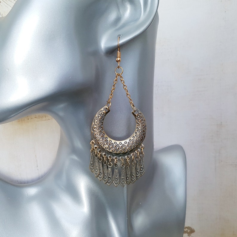 Large Antique Gold Boho Chandelier Earrings Slate Gray Etsy