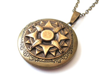 Bronze Compass Locket Necklace, Steampunk Round Keepsake Locket, Choose Your Length