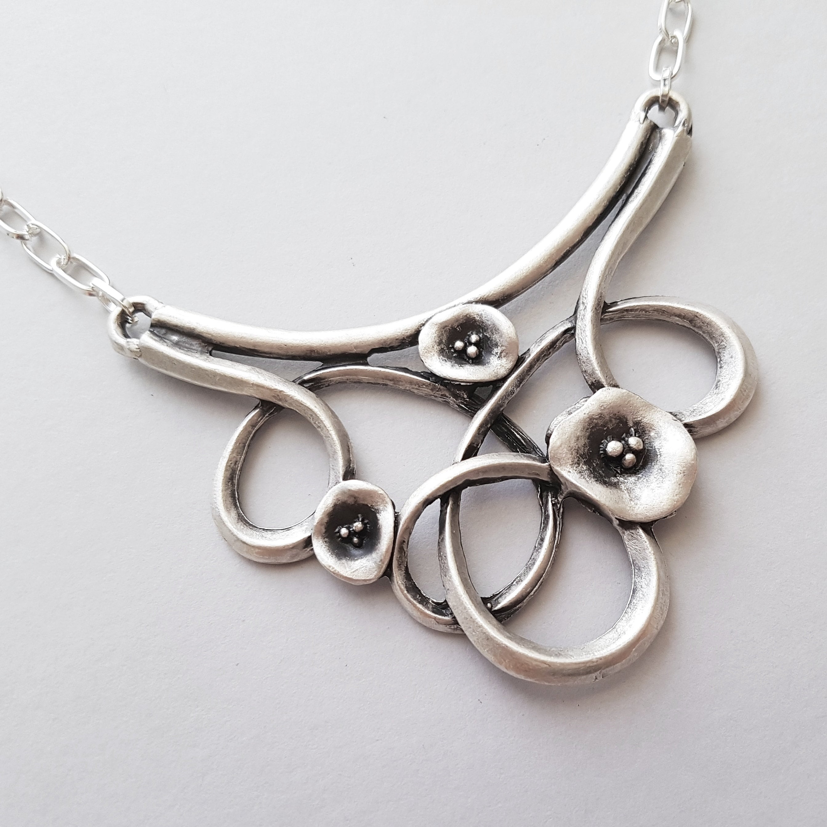 Big Antique Silver Art Nouveau Swirl Flower Cluster Necklace, Bib Necklace, Large Flower Necklace, Statement Necklace, Also Bronze, Copper