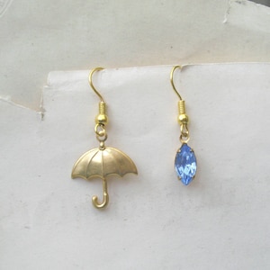 Raindrop Earrings, Umbrella Earrings, April Showers, Blue, Mismatched Earrings, Plated, Surgical or Gold Filled Hooks or Studs