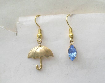 Raindrop Earrings, Umbrella Earrings, April Showers, Blue, Mismatched Earrings, Plated, Surgical or Gold Filled Hooks or Studs