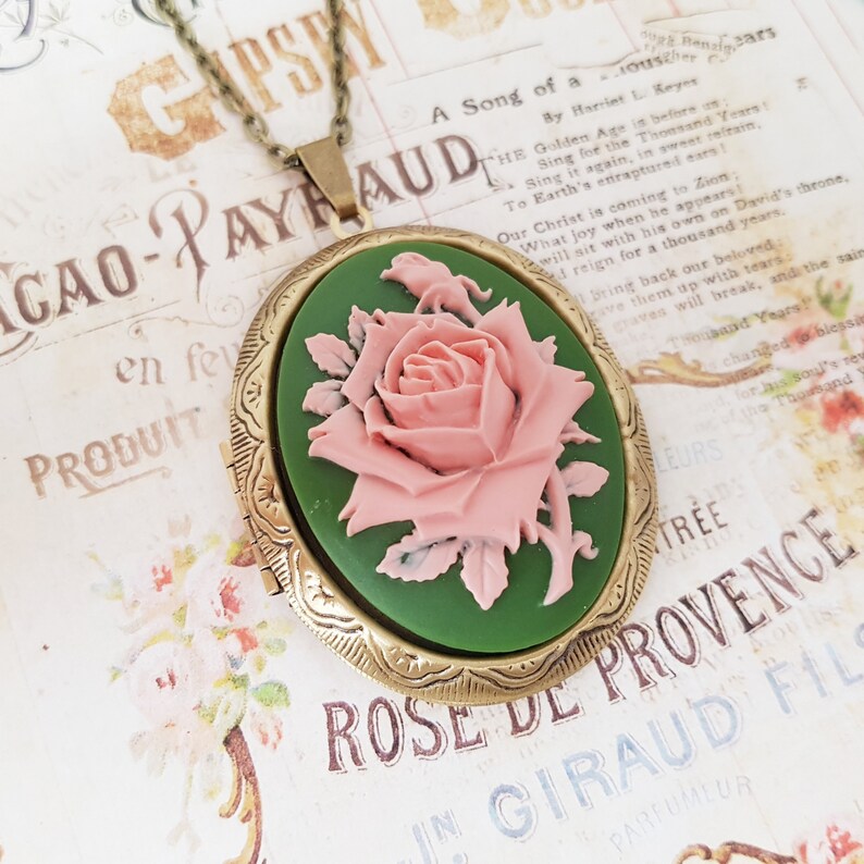 Green and Pink English Rose Locket Flower Locket Rose Cameo Etsy
