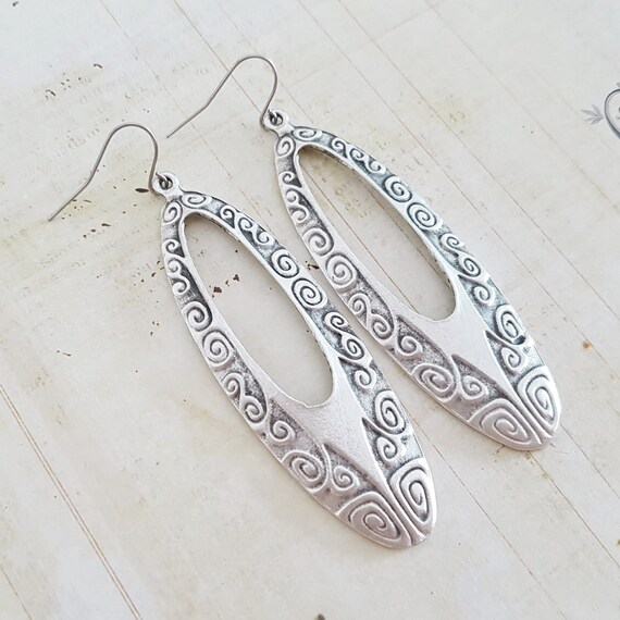 Big Silver Hollow Oval Hoop Earrings Long Boho Earrings