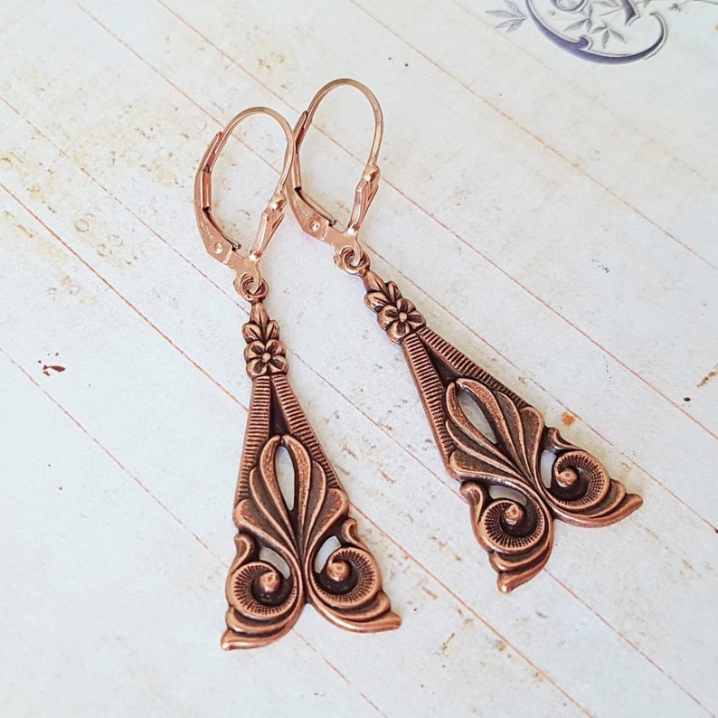 Antique Copper Art Deco Swirl Earrings Dangle Earrings Deco Etsy