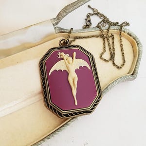 Gothic Horror Vampire Lady in Rich Burgundy, Succubus Cameo Necklace in Ornate Antique Bronze, Bat Winged Female, Choose Your Length