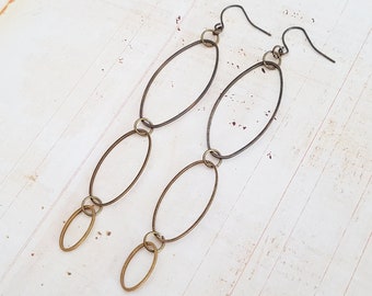 Long Bronze Oval Triple Hoop Drop Earrings, Lightweight Dangle Earrings, Choose Bronze or Surgical Ear Wires