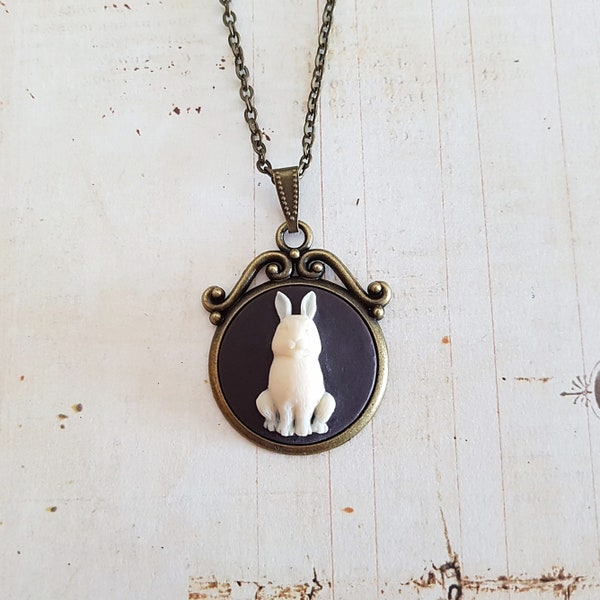 White Rabbit Cameo Bronze Necklace, Bunny, Black and Cream Round Rabbit Cameo Necklace, Antique Bronze Chain, Choose Your Length