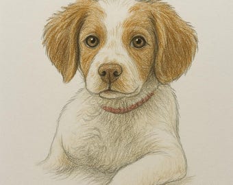 May include: A colored pencil drawing of a puppy with brown and white fur, wearing a red collar. The name "Nola" is written above the puppy in cursive.