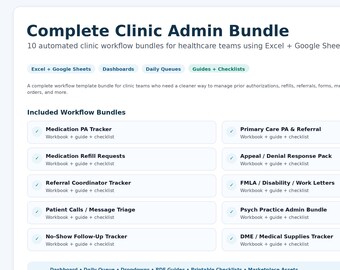 Complete kliniekbeheerdersbundel, Excel- en Google Spreadsheets-workflowsjablonen voor gezondheidszorg, navultracker voor PA-verwijzing