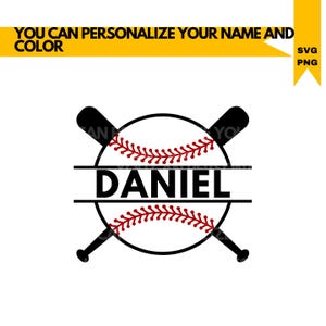 Może przedstawiać: Wzór w stylu baseballowym z krzyżującymi się kijami i piłką baseballową z czerwonymi szwami. Imię "DANIEL" jest wyświetlane w podzielonym stylu, z piłką baseballową w środku.