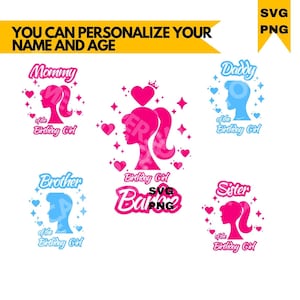 Puede incluir: Un conjunto de gráficos SVG y PNG rosas y azules con el texto "YOU CAN PERSONALIZE YOUR NAME AND AGE". Los gráficos incluyen siluetas de mujer y hombre, con las palabras "Mommy", "Daddy", "Brother" y "Sister". También están presentes las palabras "Birthday Girl" y "Barbie".