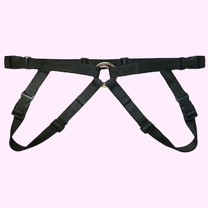 May include: A black nylon webbing harness featuring adjustable straps, plastic side-release buckles, and a central silver-toned metal O-ring. The design consists of a horizontal waist strap connected to two leg loops, all secured with sliding adjusters.