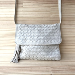 Australische Creme geflochtene Lederhandtasche, David Grove Woven Tasche, hergestellt in Indien