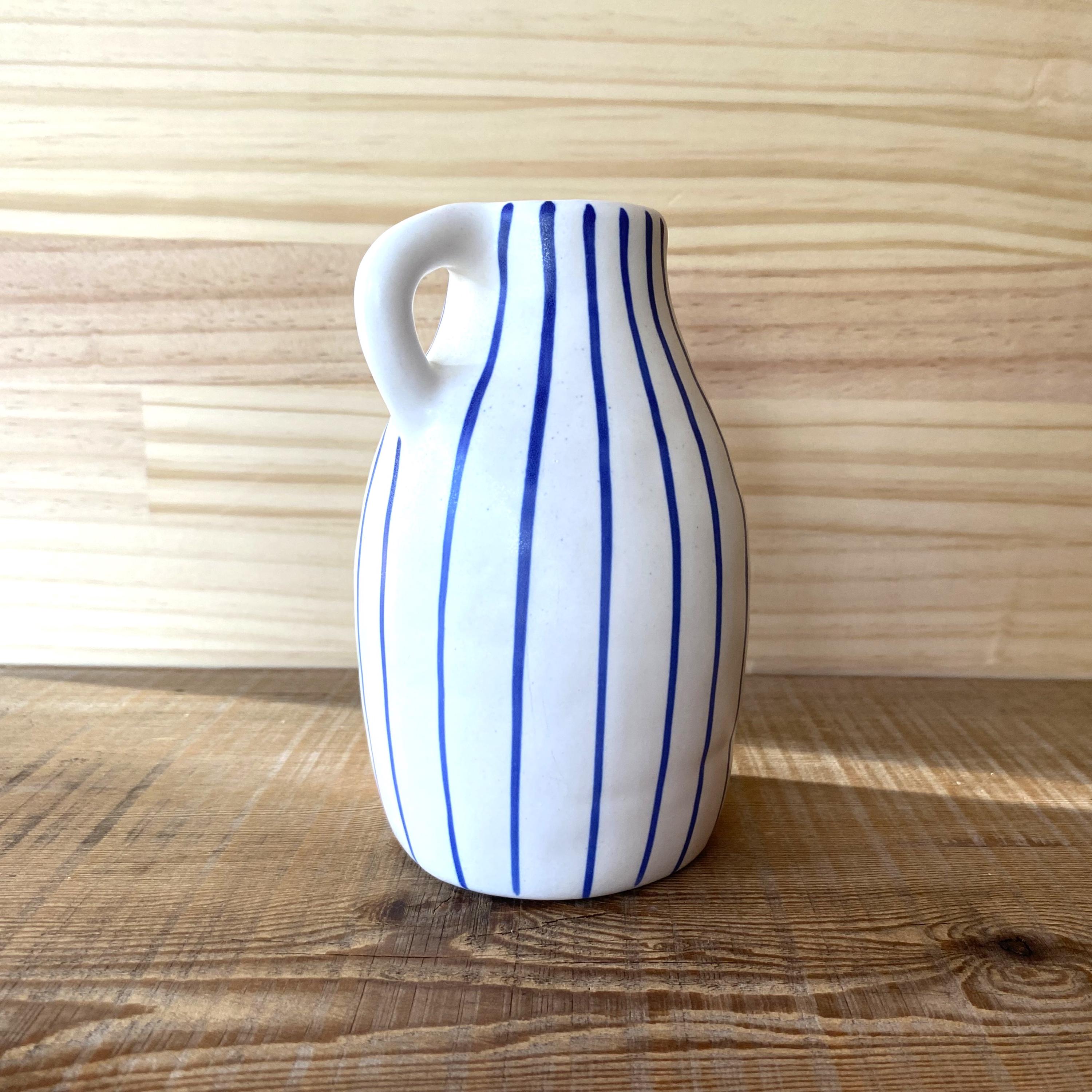 IKEA Weiß und Blau Gestreifte Vase, GODTAGBAR Keramik Krug, Handbemaltes Steinzeug