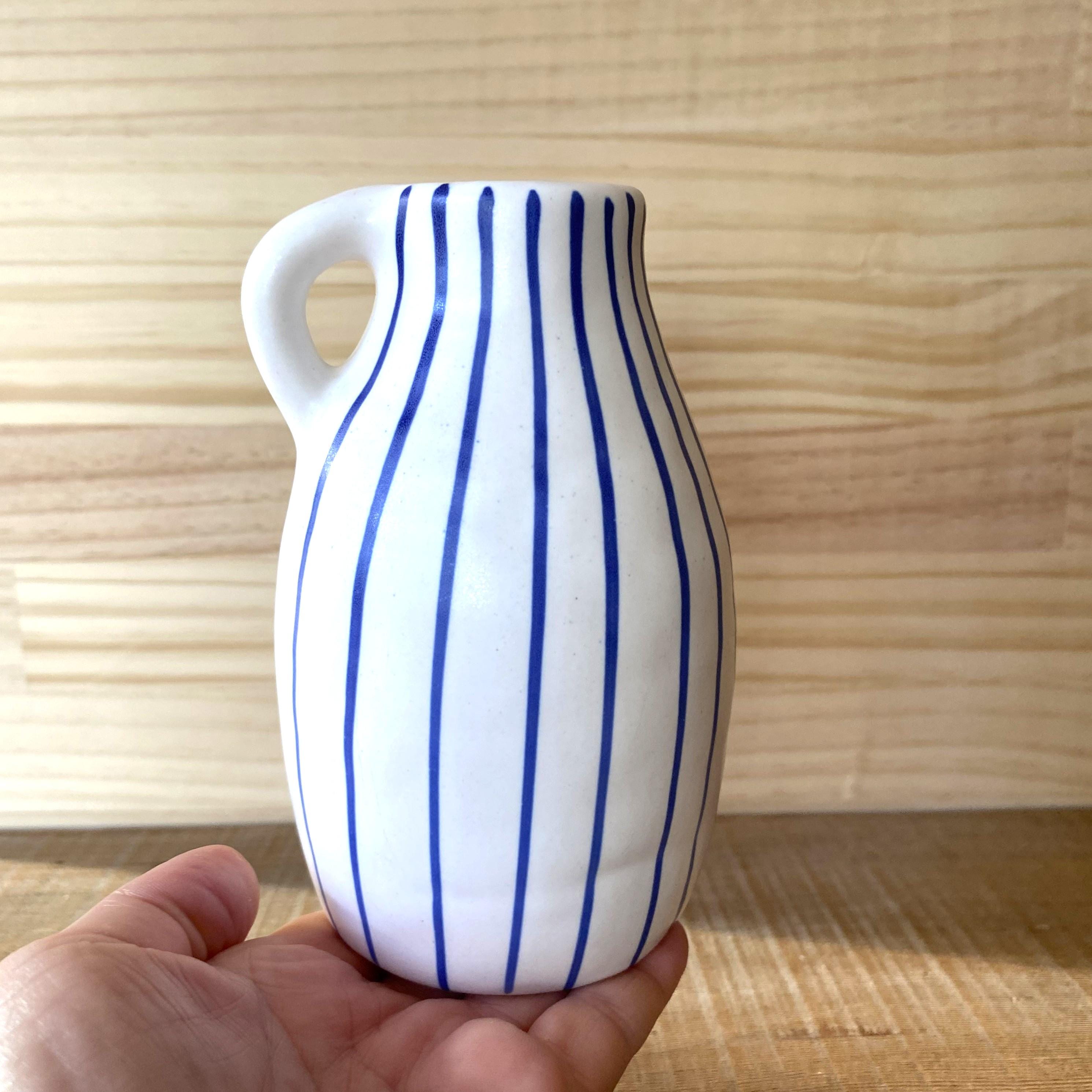 IKEA Weiß und Blau Gestreifte Vase, GODTAGBAR Keramik Krug, Handbemaltes Steinzeug