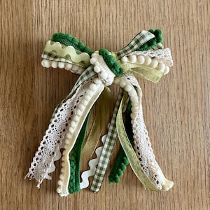 Fall Colors Sage Green Cream Gingham Lace Organza Custom Textured Streamer Messy Ribbon Long Tail Girls Hair Bow Clip