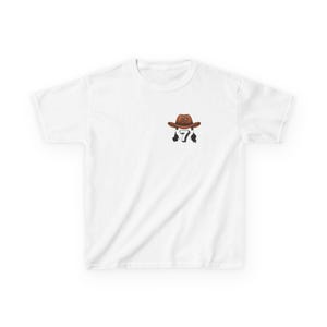 May include: White t-shirt featuring a small embroidered design of a brown cowboy hat with the number 7 and two black feathers. The design is located on the upper left chest area of the shirt.