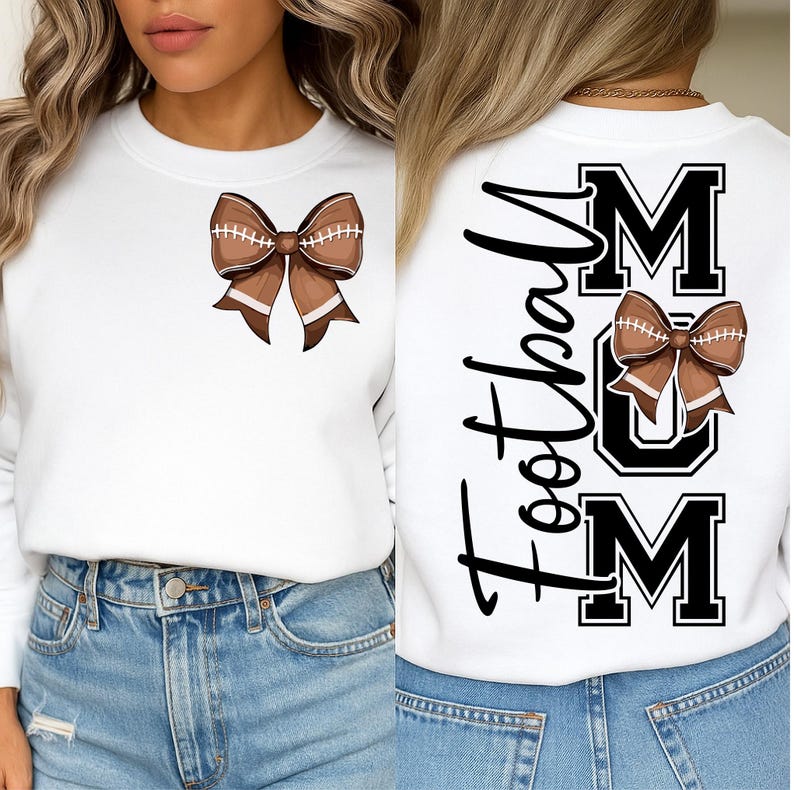 May include: White sweatshirt featuring a brown football-shaped bow on the front. The back of the sweatshirt displays the text "Football Mum" in black script and block letters, with a football bow graphic.