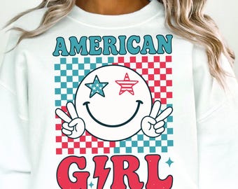 Retro Groovy 4. Juli Mädchen SVG PNG, Teenager Frauen Amerikanische Mädchen SVG, Amerikanisch Girly PNG, 4. Juli Shirt Png, Patriotische Png