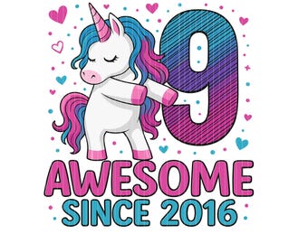 9 Year Old Unicorn birthday SVG PNG, Girls 9th Birthday Girl Party svg, Girls 9 Years Old svg file shirt , Cute 9th Birthday svg