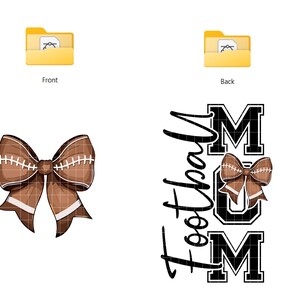 May include: Brown football-themed bow with white stitching and a grid pattern. The image also features the text "Football Mom" in black and white, with a matching bow graphic. The design is on a white background.