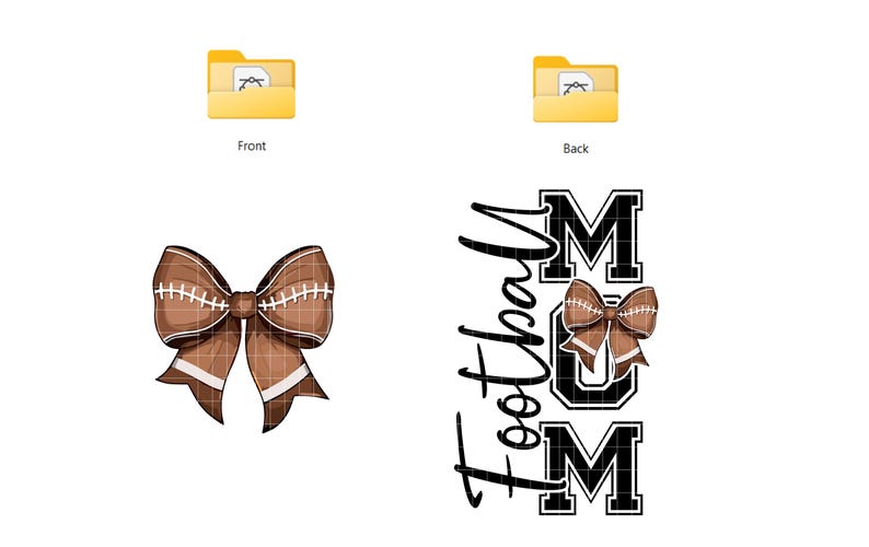 May include: Brown football-themed bow with white stitching and a grid pattern. The image also features the text "Football Mom" in black and white, with a matching bow graphic. The design is on a white background.
