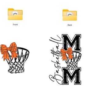 Puede incluir: Un dise&ntilde;o con tem&aacute;tica de baloncesto que presenta una red de baloncesto con un lazo naranja. La palabra "Basketball" est&aacute; escrita en cursiva, y la palabra "MOM" est&aacute; en letras de bloque en negrita. El dise&ntilde;o es en negro y naranja.