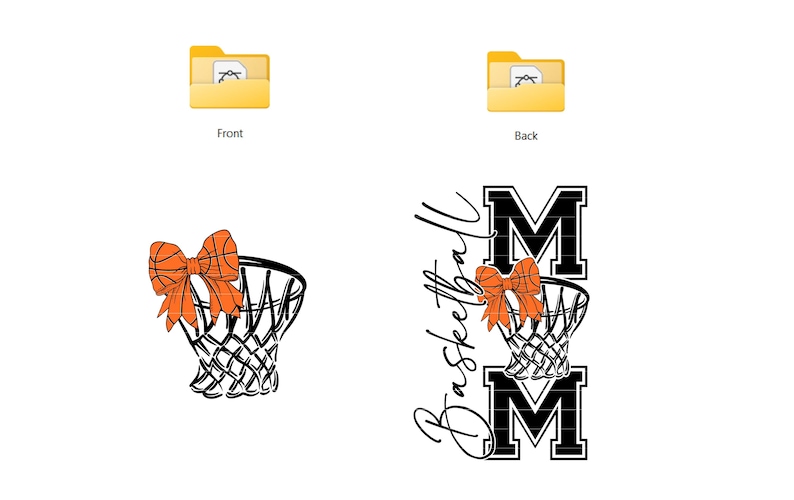Puede incluir: Un dise&ntilde;o con tem&aacute;tica de baloncesto que presenta una red de baloncesto con un lazo naranja. La palabra "Basketball" est&aacute; escrita en cursiva, y la palabra "MOM" est&aacute; en letras de bloque en negrita. El dise&ntilde;o es en negro y naranja.
